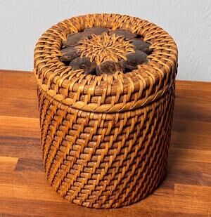 1970s Vintage Philippines Rattan Lidded Basket Coconut Shell Floral Lid Boho